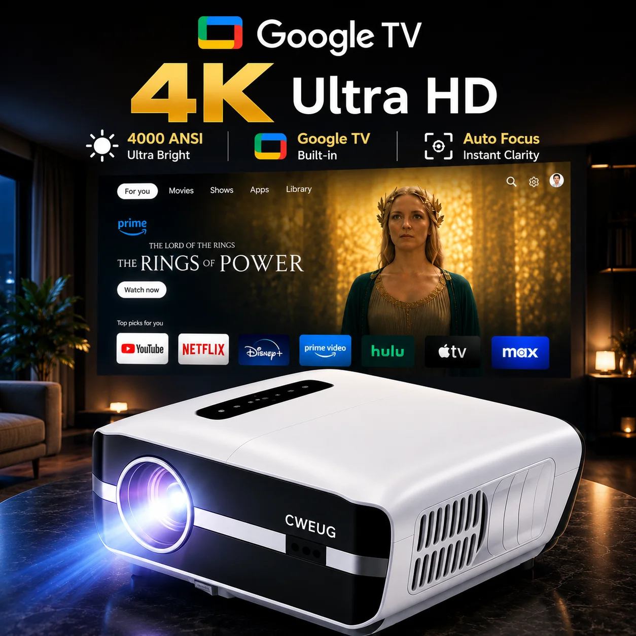 Home Cinema Bluetooth - NewA9S 4k Projector Auto Focus Daytime
